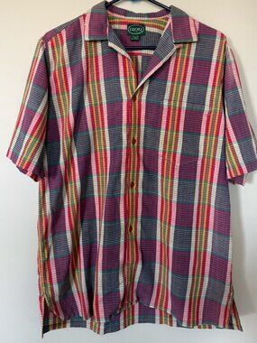 VTG 90s Izod Madras Plaid Short Sleeve Shirt - Mens Medium - Sunset Colors!